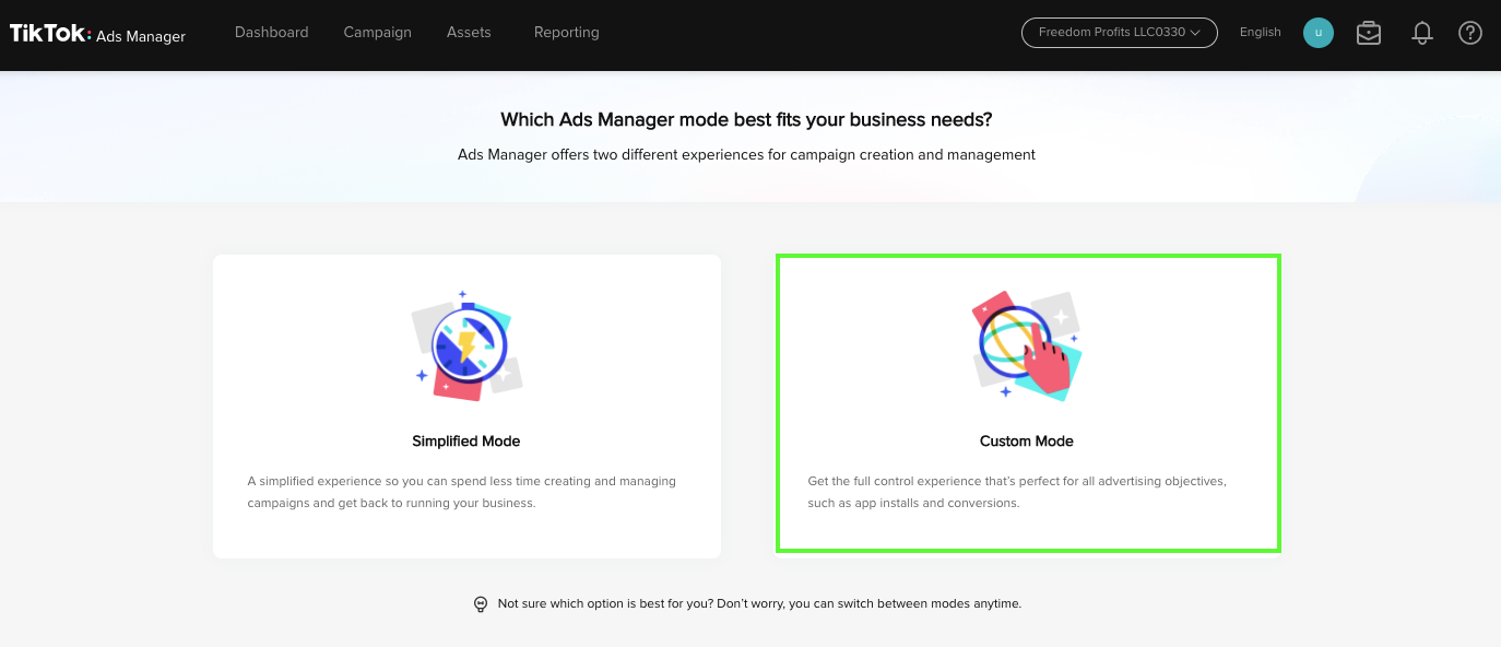 TikTok ads manager mode