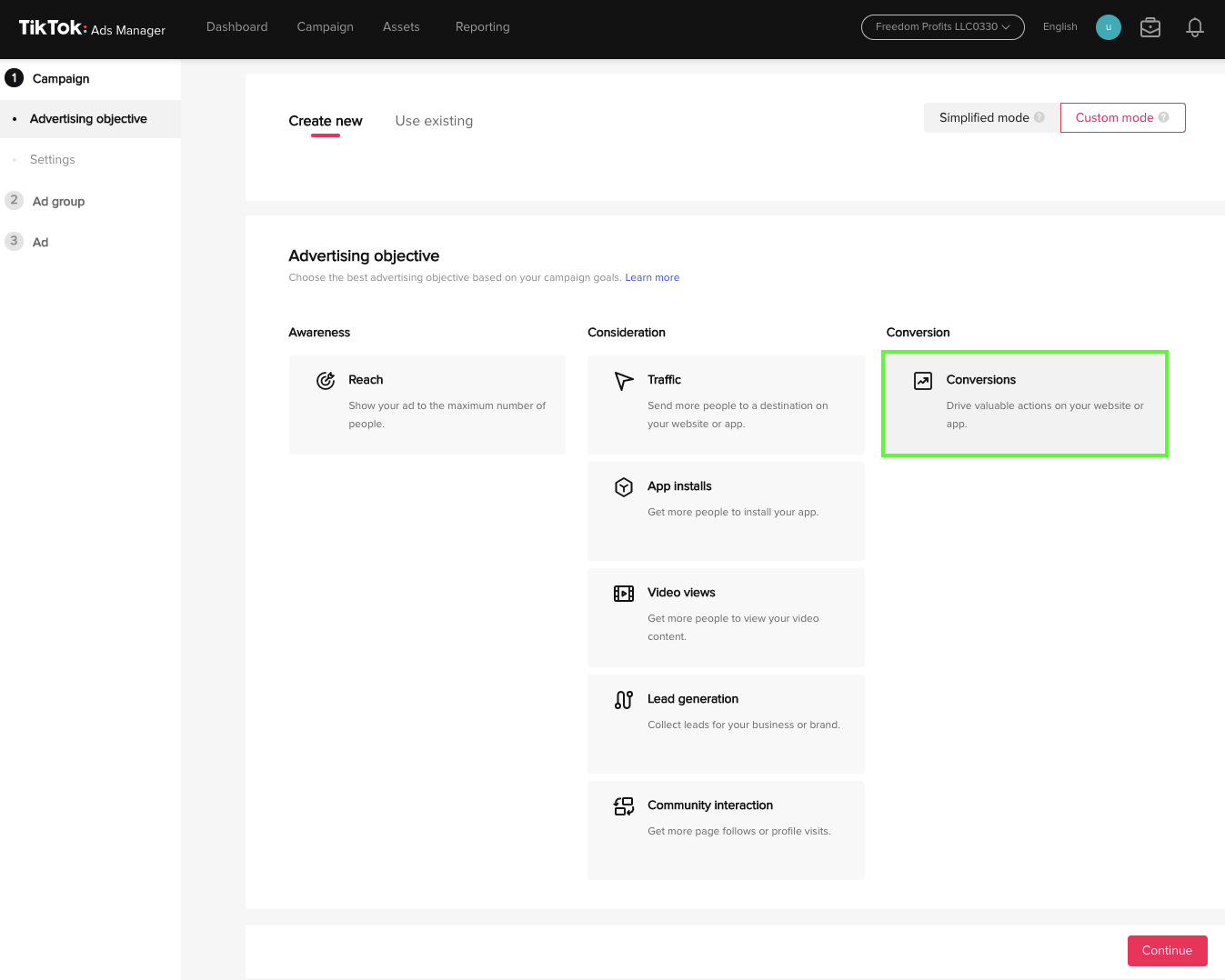 TikTok ads manager conversion option
