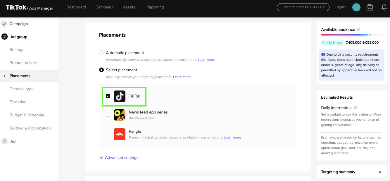 TikTok ad placement
