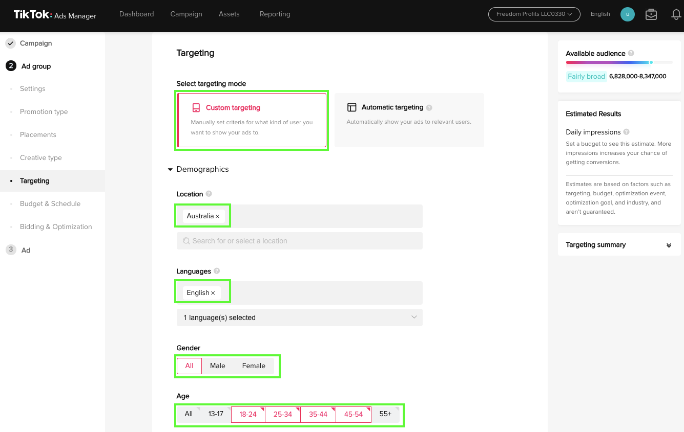TikTok ads demographics selection
