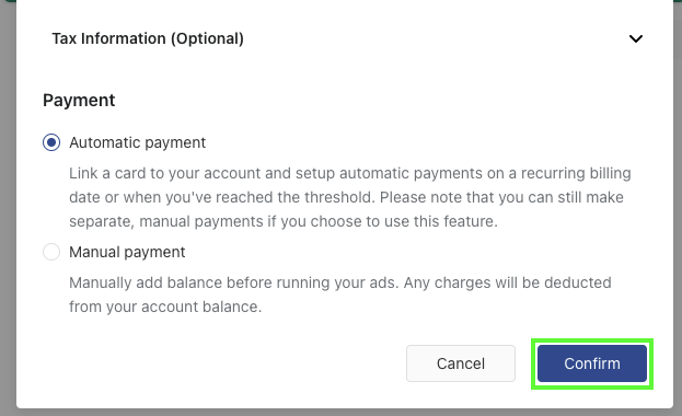 Setup payment option